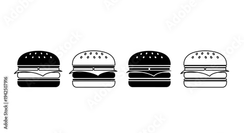 Four stylized hamburger icons in black and white, representing fast food options