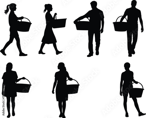 People carrying basket silhouettes set with men and women walking isolated on white background, daily life activity illustration for shopping, market, farming and lifestyle design