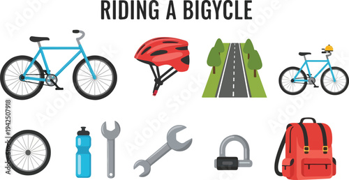 Image depicts elements related to cycling bicycle helmet road tools and accessories