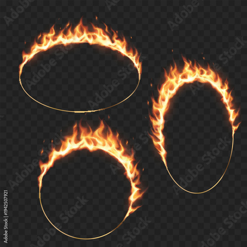 Realistic Glowing Fire Oval Frame Set. Vector Burning Ring Borders and Magic Portals Isolated on Transparent Background.