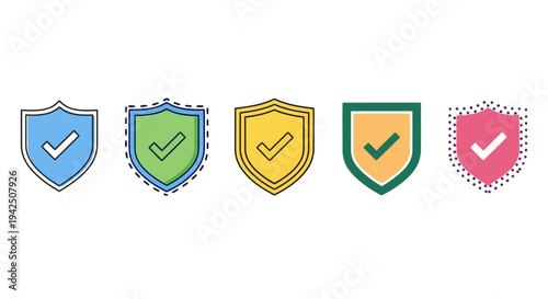 A collection of vibrant shield icons with checkmarks symbolizing security, approval, and verification