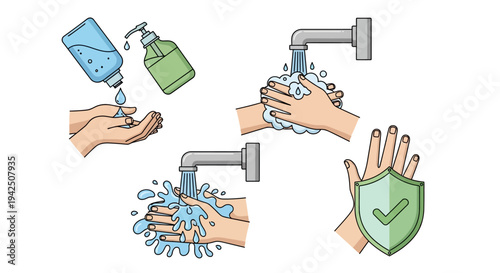 Graphic illustrating proper handwashing steps, including soap, water, and sanitization for hygiene