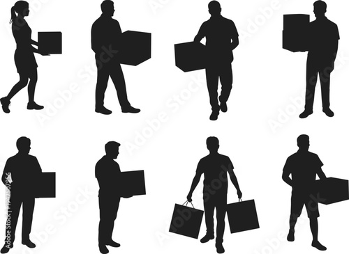 People carrying boxes silhouettes set with men and women holding packages isolated on white background, delivery, moving and warehouse worker concept