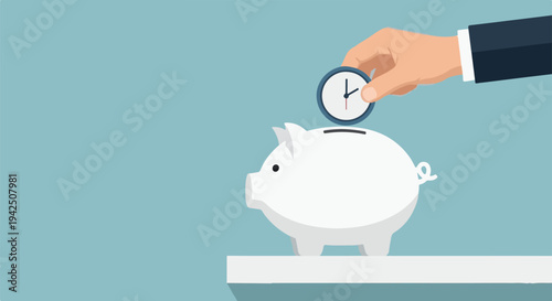 Saving money and time with a piggy bank and a clock, a concept for financial planning and investment