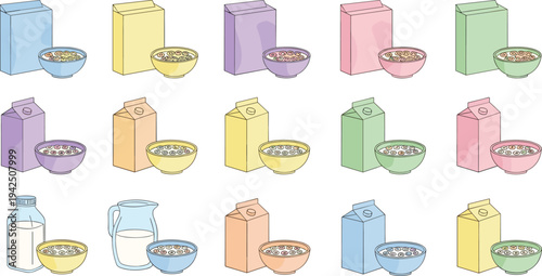 Colorful Cereal Breakfast Bowls with Milk Cartons in Pastel Shades Vector Set for Kids Food Illustrations, Healthy Morning Meals, Menu Designs, Packaging, and Nutrition Graphics