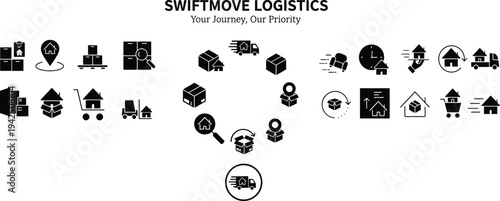 Swiftmove logistics delivery and transportation icon set representing cargo shipping, warehouse management, freight tracking and global supply chain service branding concept