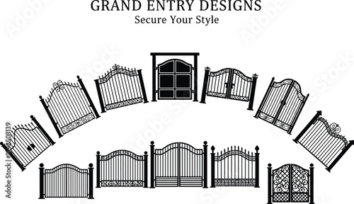 Grand entry wrought iron gate collection featuring decorative driveway gates, secure metal fencing designs and luxury residential entrance branding concept