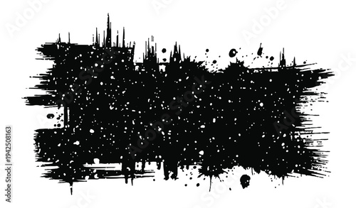 Organic black ink brush stroke with heavy splatter and grainy surface texture for creative layouts irregular paint splash element with vertical drips and droplets