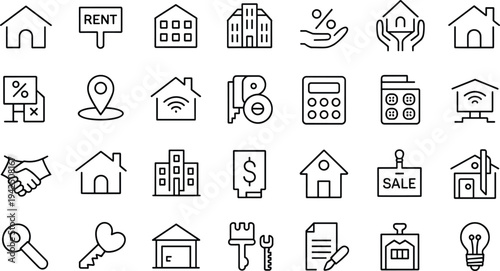 Real Estate and Property Line Icon Set Featuring House Sale Rent Mortgage Smart Home Maintenance and Investment Symbols