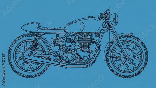 High Quality Black Line Art Vintage Cafe Racer Motorcycle Blueprint Side View Detailed Mechanical Illustration