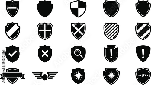Professional Security Shield Vector Icon Set Featuring Protection Symbols Data Safety Defense Guard Quality Assurance Privacy Authentication and Secure Information Graphic Elements