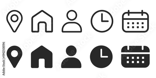 Minimal Flat and outlined Location, address, people, time, date icon set stock illustration