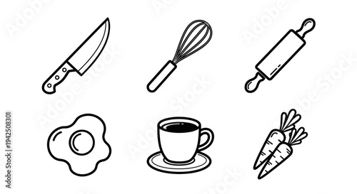 Collection of kitchen utensils and food items, including a knife, whisk, rolling pin, fried egg, coffee cup, and carrots, presented in a simple line art style