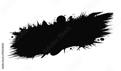 Black ink splash brush stroke on white background for creative design projects artistic splatter element with messy edges and droplets for vector texture overlay