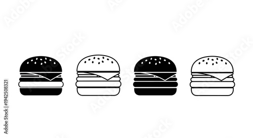 A line of four stylized, simplified burgers on a white background, each with two patties, cheese, and a bun, presented in a minimalist black and white graphic style