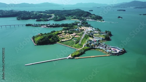 Aerial View of Bito Island in Sacheon with Emerald Sea, South korea