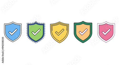 A vibrant collection of stylized shield icons, each featuring a prominent checkmark, embodying robust security, reliable protection, successful verification, and complete approval concepts