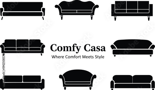 Sofa and couch silhouette icon set for furniture store branding featuring modern living room seating designs and comfortable home interior decor concept