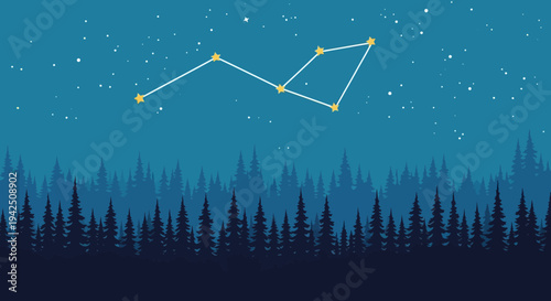 Night sky with constellation and pine forest silhouette