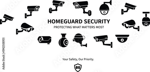 Homeguard security surveillance camera icon set representing CCTV monitoring system, property protection services, video recording technology and home safety business branding concept