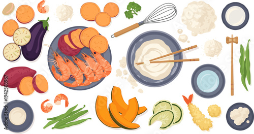 Tempura Cooking Ingredient Collection with Shrimp, Sweet Potato, Eggplant, Pumpkin, Green Beans, Batter Bowl, Chopsticks, and Japanese Fry Food Vector Illustration Set
