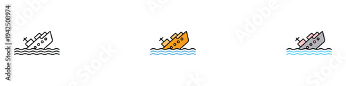 Sinking cargo ship icon set. Marine accident and shipwreck disaster symbol. Vector Illustration.