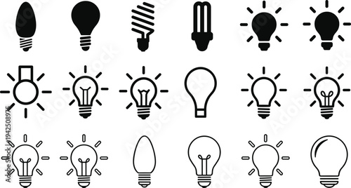 Set of light bulb icons featuring incandescent, LED and fluorescent lamps symbolizing creativity, innovation, energy efficiency and bright idea concept illustration collection
