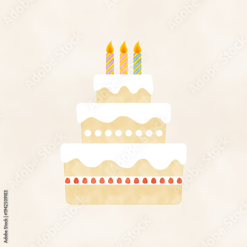 水彩風　3段のケーキと3本のろうそくのお祝いイラストカード ベクター