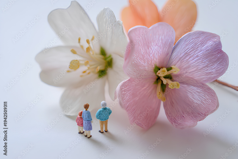 Obraz premium 春色の花と小さな人々が過ごすやさしい時間（3D）