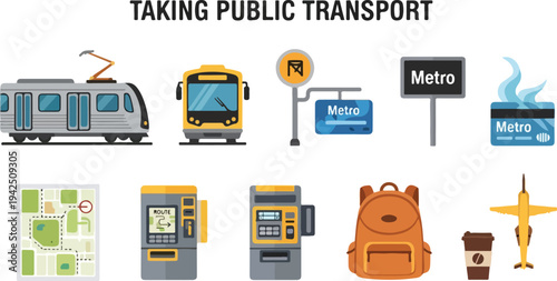 Image of transportrelated items and a headline that says TAKING PUBLIC TRANSPORT above