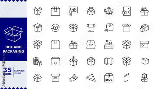 Pixel Perfect, Box and packaging line icon set. Cargo, open, closed, crumpled box, delivery, pack box,Product Delivery and Logistics Management