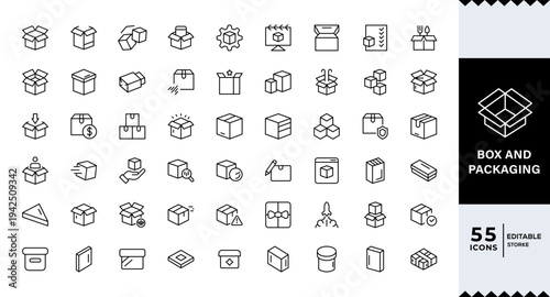 Pixel Perfect, Box and packaging line icon set. Cargo, open, closed, crumpled box, delivery, pack box,Product Delivery and Logistics Management