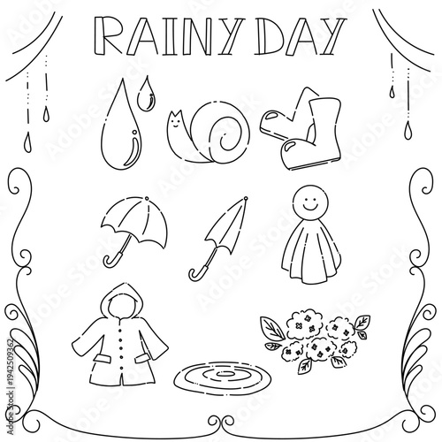 梅雨　あじさい　しずく　レインコート　カタツムリ　傘　雨傘　てるてる坊主　水たまり