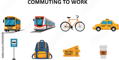 Image shows commuting methods A bus train bicycle taxi bus stop sign backpack tickets and coffee cup are depicted