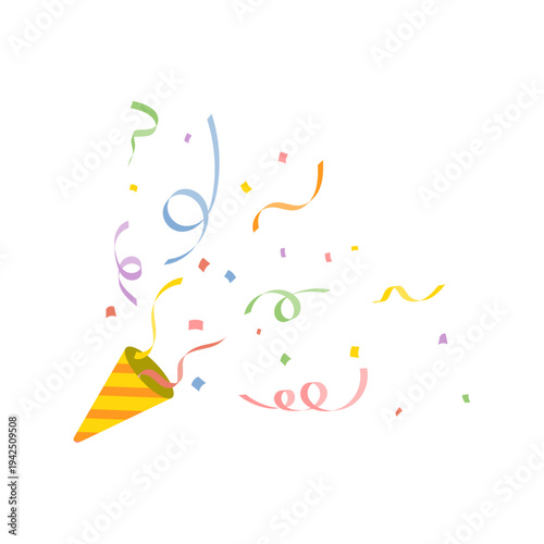 左下のクラッカーからリボンと紙吹雪が飛び出すお祝いイラスト ベクター