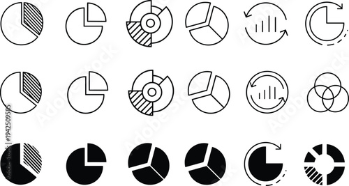 Set of pie chart and circular infographic icons representing business analytics, financial statistics, data visualization, performance reporting and market research dashboard concept