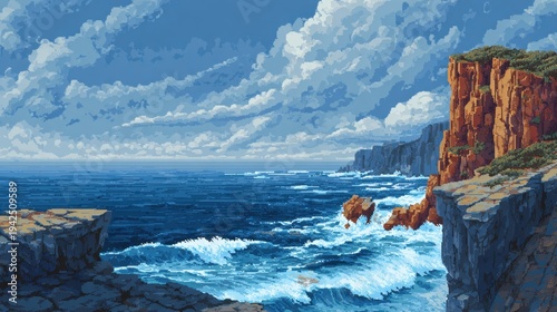 Pixel art ocean cliffs with waves under blue sky and clouds coastal landscape scene