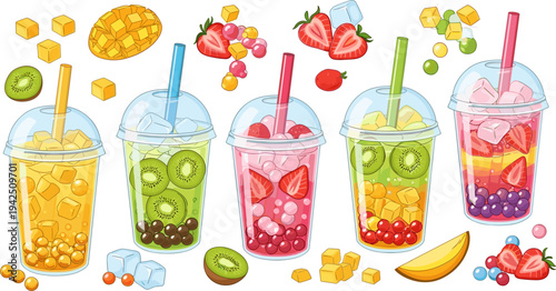 Colorful Bubble Tea Fruit Drink Collection with Tapioca Pearls, Kiwi, Mango, Strawberry, Jelly Cubes, Ice, and Plastic Cups Refreshing Beverage Vector Illustration Set