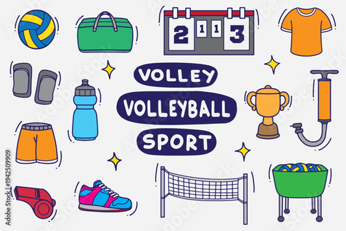 set of volleyball doodle with color good for background, wallpaper, element design, icon, etc