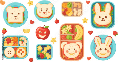 Cute Kids Lunchbox Food Collection with Animal Sandwiches, Bear Toast, Bunny Bread, Fruits, Vegetables, and Fun Bento School Meal Vector Illustration Set