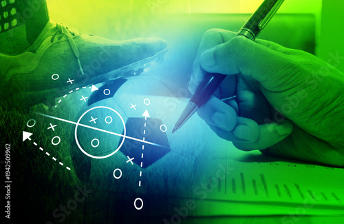 Football with football player hand to sign contract , soccer transfer player, sport news reporter, business in football club