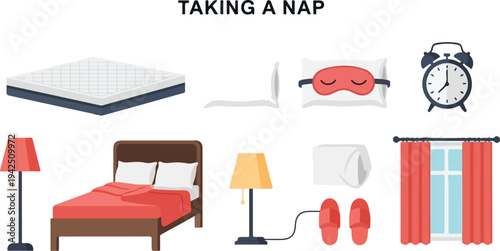 Image shows items for taking a nap mattress pillow eye mask alarm clock lamps bed slippers curtain window