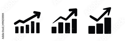 Growing graph set, business chart with arrow icons, growth chart collection with profit increasing symbols, progress bar and bar diagram elements, success arrow indicators in minimalist vector style