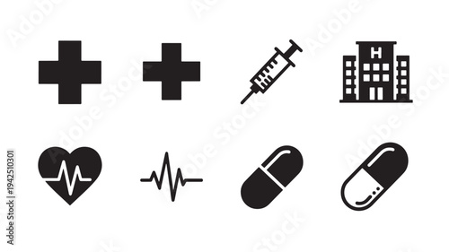 Medical icons including crosses, a syringe, a hospital building, heart rate symbols, and pills in a clean, solid black design.