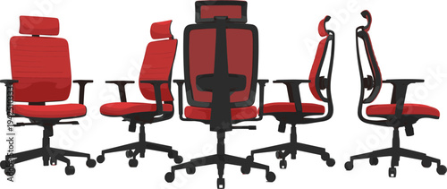Red office chairs collection with ergonomic swivel desk seats, modern workplace furniture vector illustration set