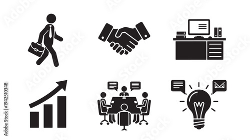 Business icons set with businessman, handshake, desk, graph, meeting, and lightbulb with communication symbols.