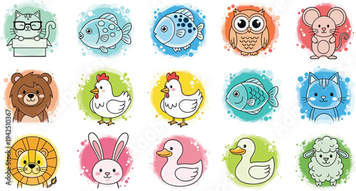 Cute Cartoon Animal Badge Collection with Cat, Fish, Owl, Mouse, Lion, Rabbit, Duck, Chicken and Sheep Icons