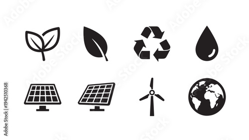 Set of eight eco-friendly icons with leaves, recycle symbol, water drop, solar panels, windmill, and planet Earth.