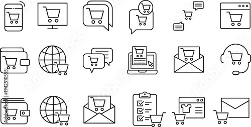 Ecommerce shopping cart and online retail line icon set representing digital marketplace, mobile shopping app, secure payment, order delivery and customer service concept
