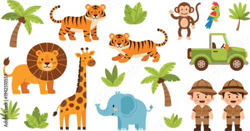 Safari Adventure Cartoon Illustration Set with Lion, Tiger, Giraffe, Elephant, Monkey, Parrot, Palm Trees and Explorer Characters